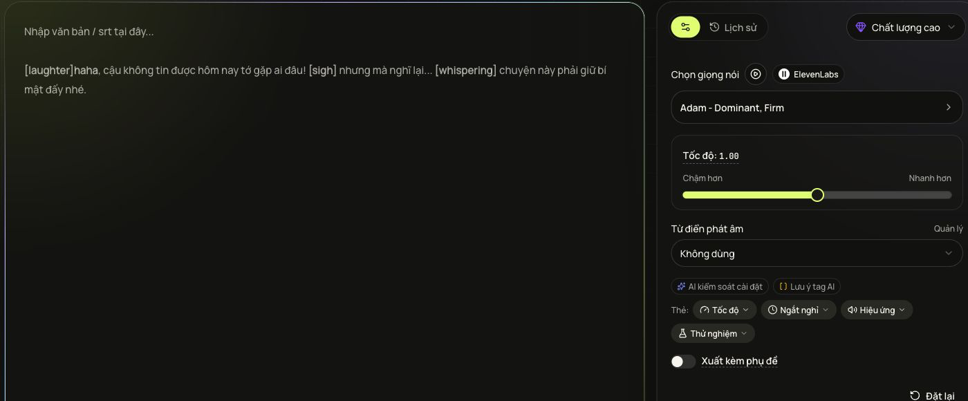 OpenSpeaker High quality TTS workspace with an ElevenLabs voice source, speed, pronunciation, and AI expression controls
